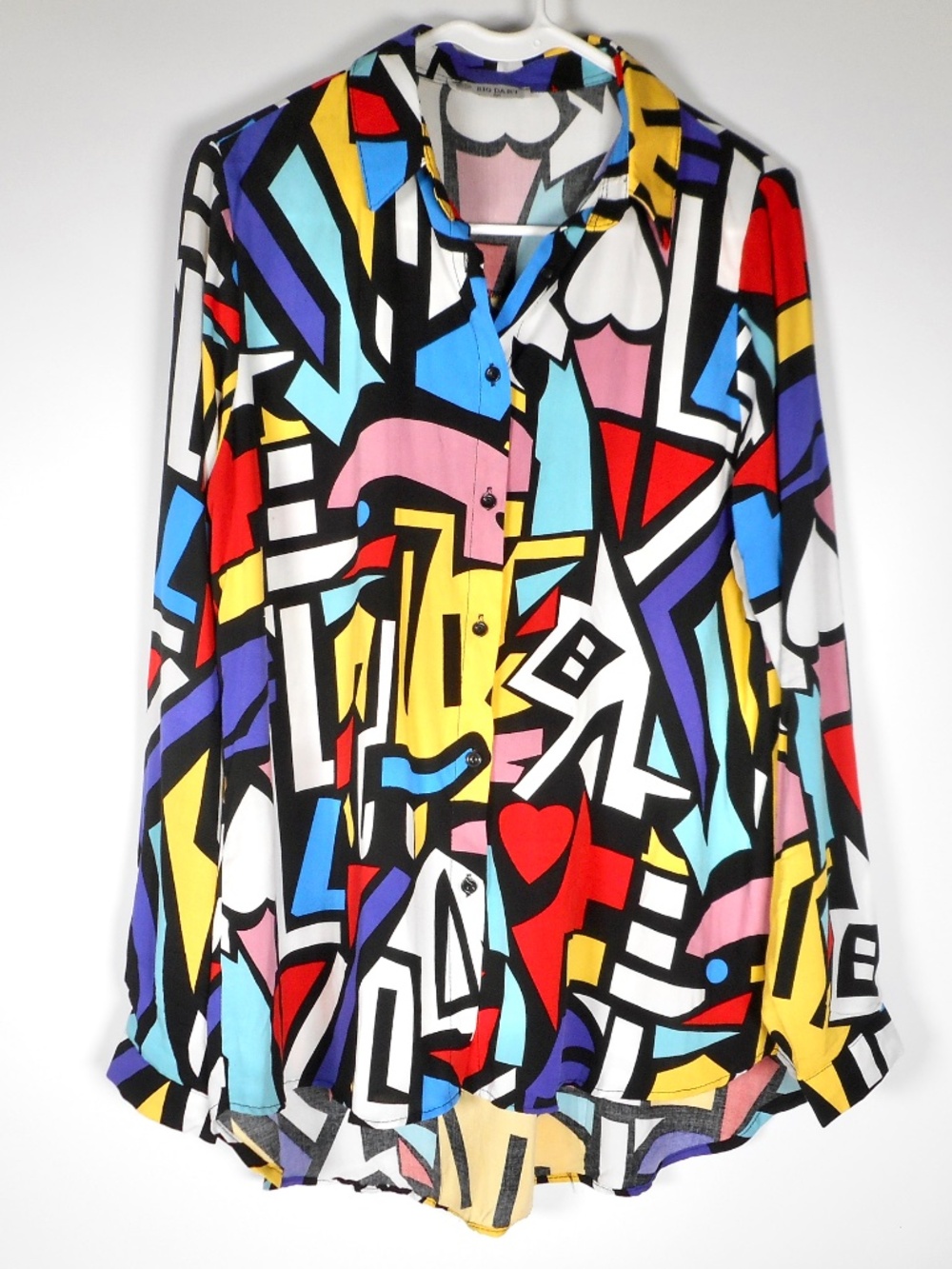 Big Dart Shirt Womens M Button Colorful Abstract Geometric Art To Wear Mod Hi-Lo